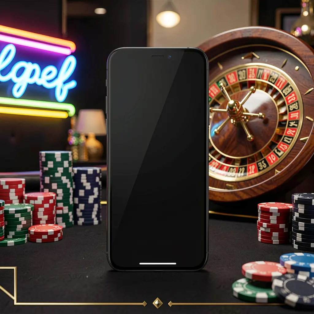 PHAAAA mobile casino application scene featuring a phone in the center with a roulette wheel and poker chips in the background, illuminated by glowing neon lights in a premium black and gold style