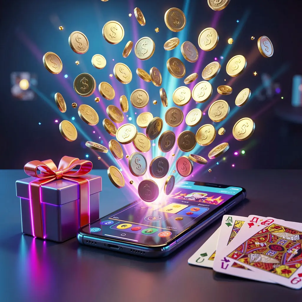 PHAAAA mobile casino bonus banner featuring a smartphone with coins bursting from the screen, a gift box and playing cards nearby, all illuminated by a bright neon glow in a premium realistic 3D render