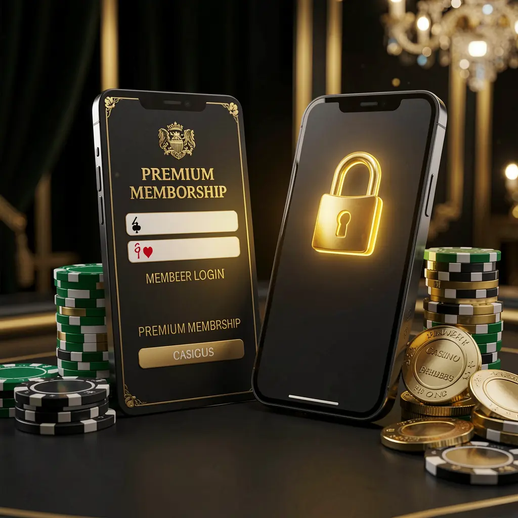 PHAAAA casino member login concept with premium membership card beside smartphone, glowing lock symbol, poker chips and coins on a black and gold luxury background