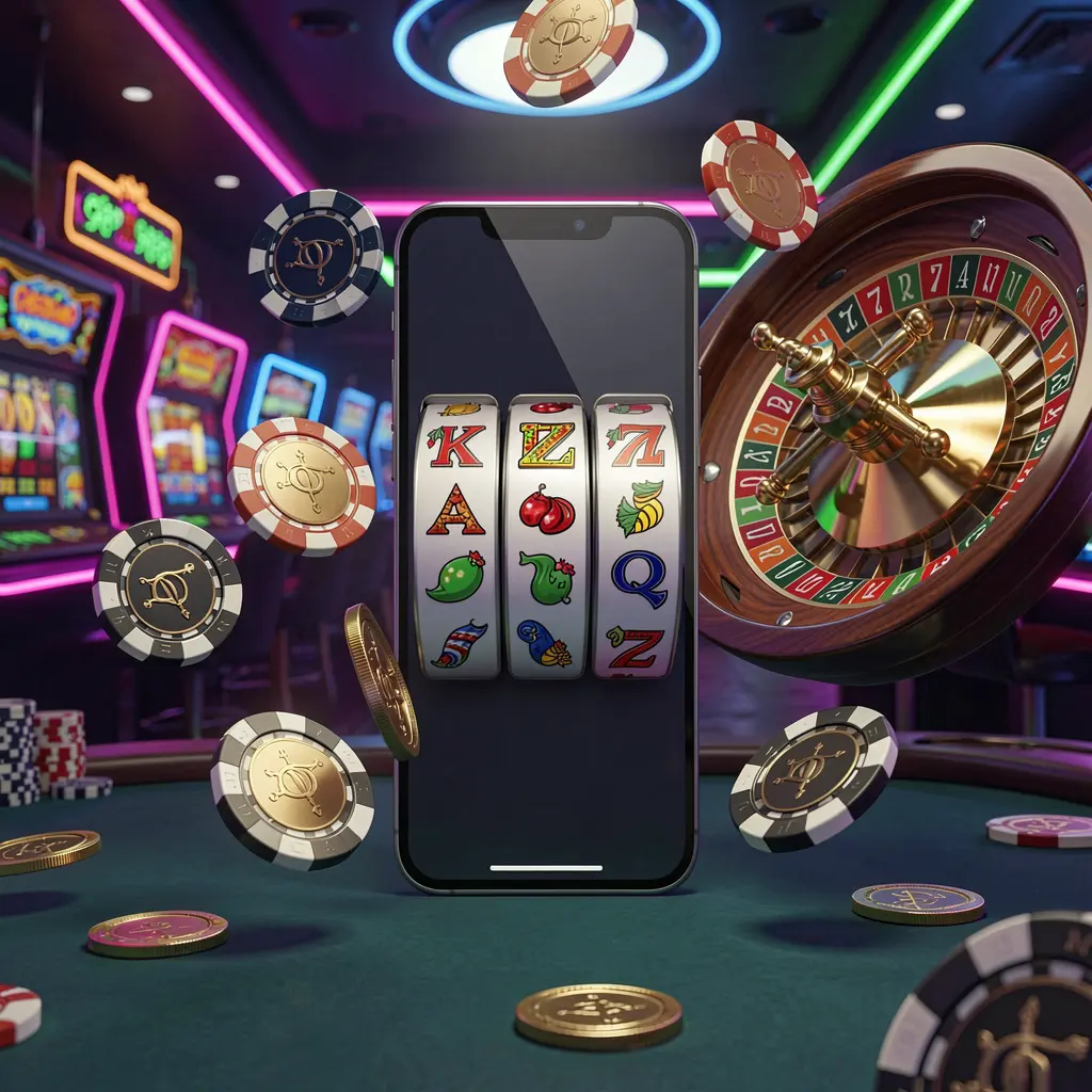 PHAAAA casino entertainment homepage concept featuring a modern mobile phone with slot symbols, a roulette wheel, chips, and coins floating around against a neon casino background in a premium 3D render